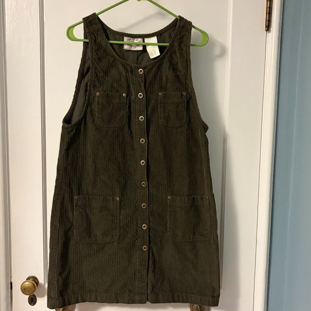Erika olive green corduroy button front jumper dress pockets size medium retro